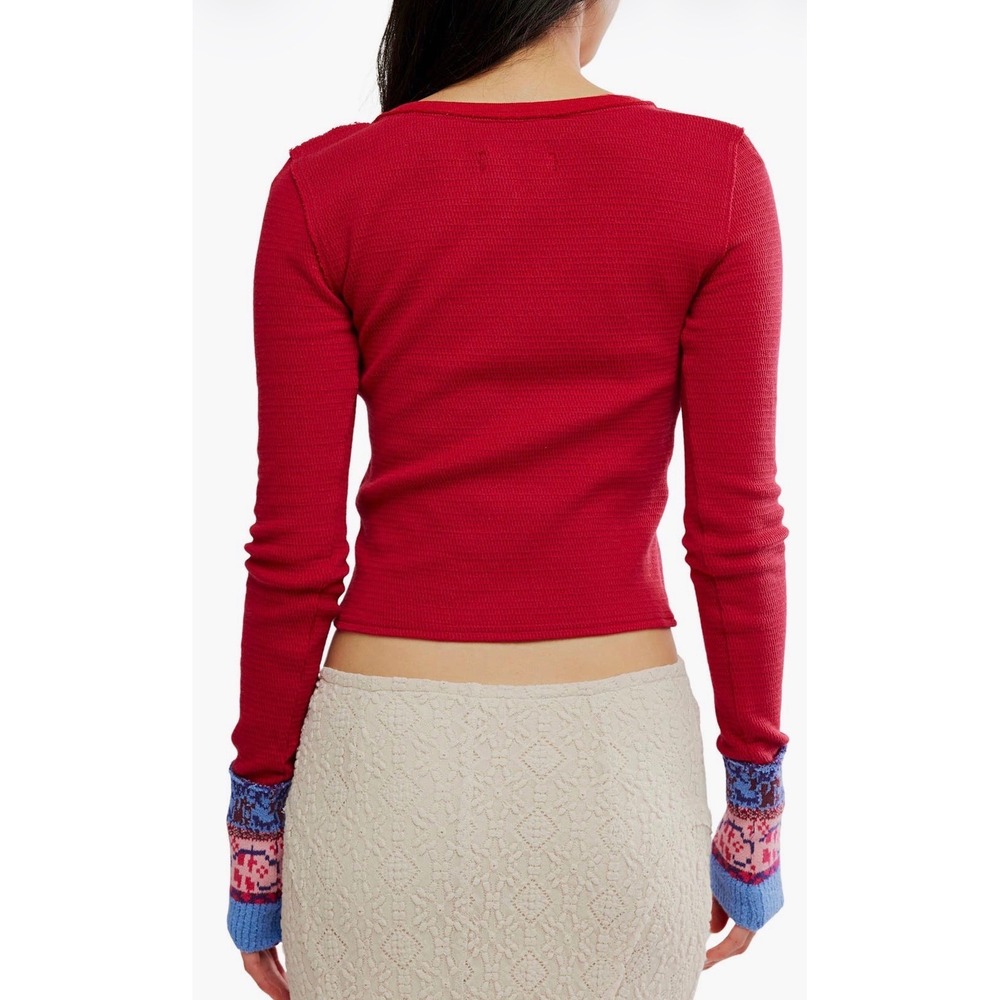 We the Free NOA Cardi Waffle Knit Thermal Cardigan Fair Isle Cuffs Floral NWOT - Picture 2 of 4